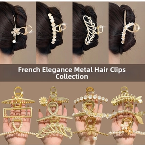 Detailed view of various elegant 11cm metal hair claw clips with pearls for updos