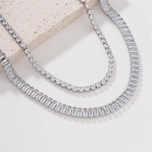 Fashion Copper Zirconia Necklace Set Square Silver Color Rhinestone Pendant Jewelry Set For Women Wedding Banquet