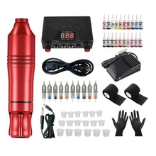 Complete professional tattoo kit featuring red rotary pen power supply and assorted ink