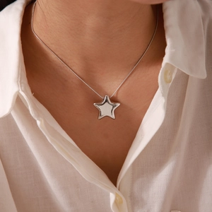 Silver polished stainless steel pentagram star pendant necklace with thin snake chain
