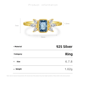 Detailed size specifications of S925 silver ring with blue stone and zirconia accents