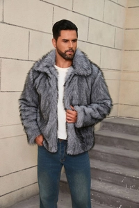 Close-up of gray faux fur jacket showing the thick texture and wide lapel collar
