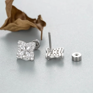 Micro-set zircon diamond-shaped cross clover stud earrings in silver stainless steel
