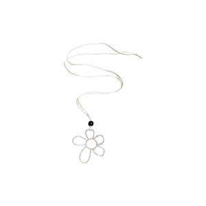 Minimalist flower pendant necklace with dark bead and white cord in a simple design