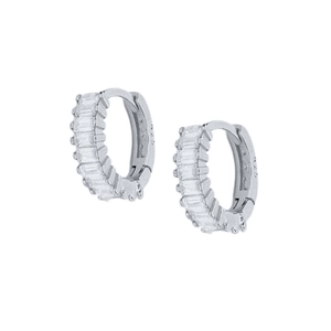 Macro shot of 925 sterling silver hoop earrings featuring baguette-cut zircon stones
