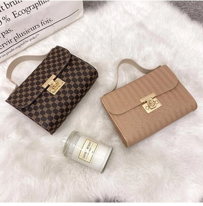Detail of small crossbody bags with gold buckles and textured finish on plush background