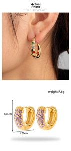 Detail view of gold C-shape hoop earrings with dimensions and colorful zircon inlay