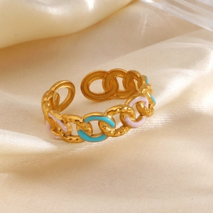 Fashion Chain Link Adjustable Open Ring Stainless Steel With Colorful Enamel Drip Oil Hip Hop Style For Women
