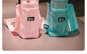 Detail of pink and turquoise mesh water bottle bags with adjustable shoulder straps