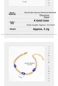 Detail showing gold titanium steel bracelet with blue evil eye and square zircon elements
