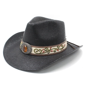 Chapeau De Cowboy Western Paille Tissée Large Bord Protection Solaire Vintage Ethnique Bande Brodée Boucle Pierre Précieuse Plage Été