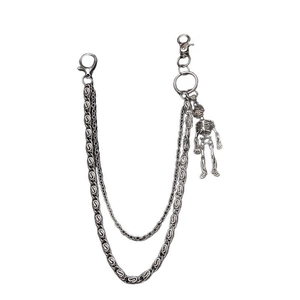 Double-layered gun-black metal pants chain with skull pendant in punk hip-hop style