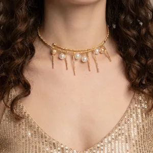 French vintage gold choker with white pearls and tassel pendants for elegant women