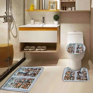 Three-piece Christmas bathroom set with snowman and teddy bear flannel mats and toilet cover