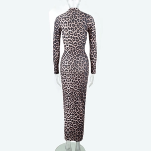 Detail view of the leopard print pattern and slim fit back design of the long sleeve dress