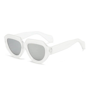 Irregular matte transparent white frame sunglasses with silver mirrored lenses