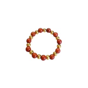 Handmade elastic beaded ring with natural red stones and gold stainless steel beads