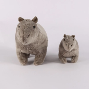 Detail view of large and small capybara plush toys with soft brown fur on white background