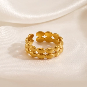 Fashionable 18K gold-plated oval double-row adjustable ring on silk background