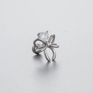 Silver titanium steel butterfly stud earring with a heart-shaped zircon centerpiece