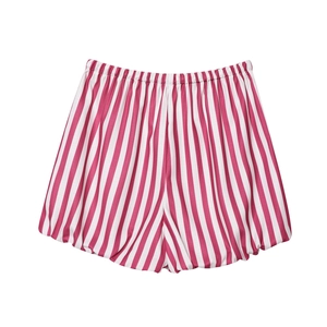 Detail of rose red and white striped shorts featuring elastic waist and cotton fabric