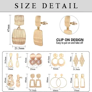 9-piece set of trendy alloy geometric matte gold clip-on earrings with size dimensions