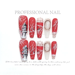 Traditional Chinese style winter snow press-on nails in red and white with plum blossoms