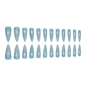 24pcs long stiletto press-on nails with light blue holographic laser glitter effect