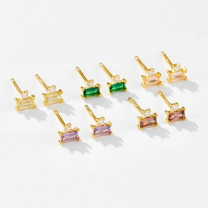 Elegant gold-plated S925 silver stud earrings with colorful rectangular stones