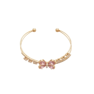 Sparkling butterfly double-layer open gold bracelet with pink crystals and clear zircon