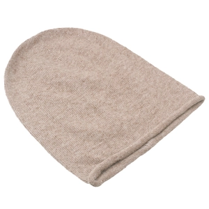 Women's beige knit rabbit fur beanie with rolled edge for winter warmth