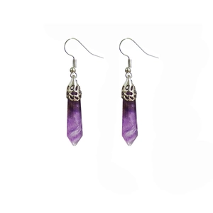 Purple crystal hexagonal prism drop earrings with silver hook, vertical symmetrical view