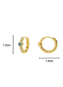 Detail view of gold hoop earrings with blue zircon and size markings showing 1.4cm diameter