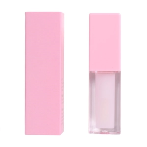 Glossy pink lip glaze in a clear tube with matching square packaging on white background