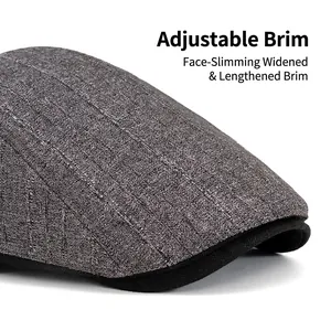Men's newsboy cap with dark grey stripes and wide foldable brim for face shaping