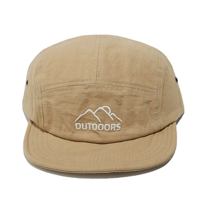 Detail of khaki camper hat with outdoor mountain embroidery and metal ventilation eyelets