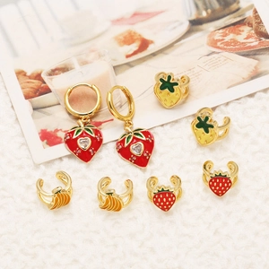 Gold-plated strawberry and banana fruit earrings set with colorful enamel finish