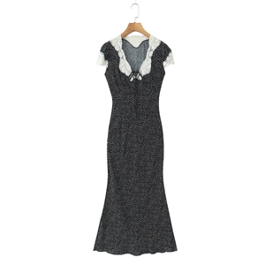 Polka Dot Maxi Dress With Lace V-neck Collar Retro Elegant Short Sleeve High Waist For Women