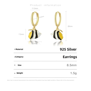 Detail view of S925 silver tropical fish enamel earrings with measurement dimensions