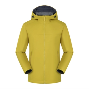 Mustard yellow softshell hooded jacket with black drawstring and full zip for outdoor use