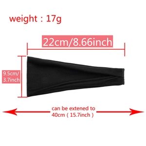 Elastic black sports headband for running and yoga showing dimensions and weight 17g