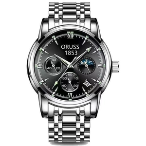 Herenhorloge van zilver roestvrij staal met zwarte chronograaf wijzerplaat en datum