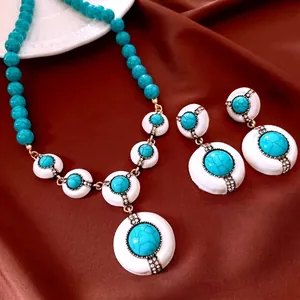 Bijoux Vintage Alliage Strass Résine Turquoise Boucles D'Oreilles Collier Rétro Bohème Avec Tige En Argent