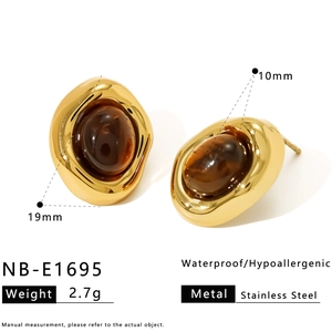 French vintage 18K gold plated stainless steel stud earrings with amber stone