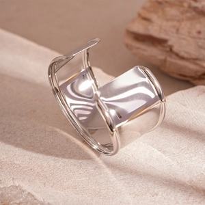 Minimalist silver geometric irregular open cuff bracelet with polished mirror finish