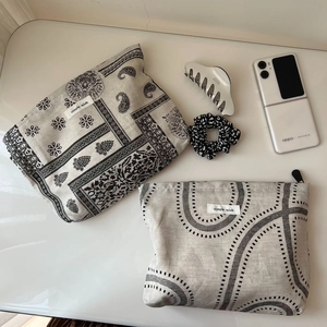 Detail of vintage canvas cosmetic bags with ethnic and wave prints and brand label