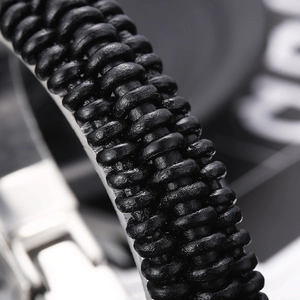 Men's trendy braided black leather bracelet with a polished stainless steel spring clasp