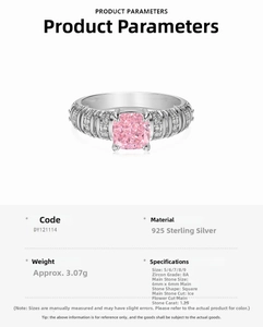 Detail of 925 sterling silver ring featuring a 1.25ct square pink ice-cut zircon stone