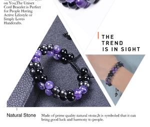 Detail of 8mm amethyst and magnetic beads on a double-layer adjustable woven cord bracelet