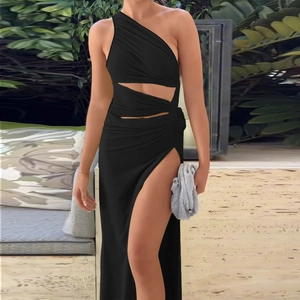 Elegant black one-shoulder cutout maxi dress with high slit for women in outdoor setting